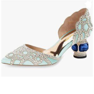 XYD Light Cyan Pointed Toe D'Orsay Crystal Low Heel Rhinestone Studs Pumps